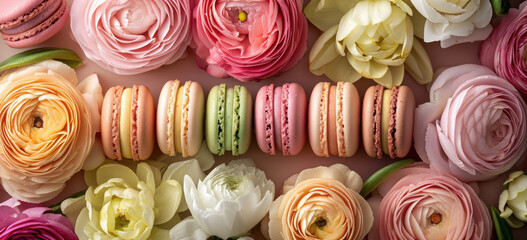 Assorted colorful macarons with fresh flowers on pastel background. Gourmet and floral aesthetics.