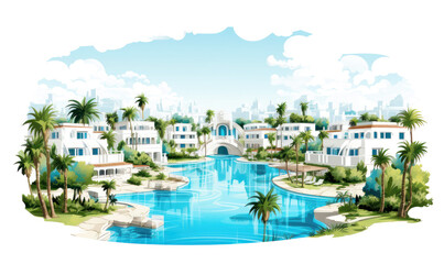 Fototapeta na wymiar Luxurious tropical resort with white villas and palm trees overlooking a cityscape