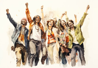 Obraz premium Group of joyful friends celebrating in a watercolor illustration