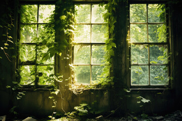 Sunlight streaming through overgrown window in abandoned room. Nature reclaiming space.