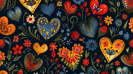 Naklejka premium Seamless template with hearts and flowers