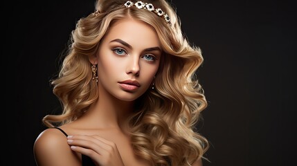 Fototapeta premium Fashion portrait of young beautiful woman with jewelry and elegant hairstyle. Blonde girl with long wavy hair. Perfect make-up. Beauty style woman with diamond accessories