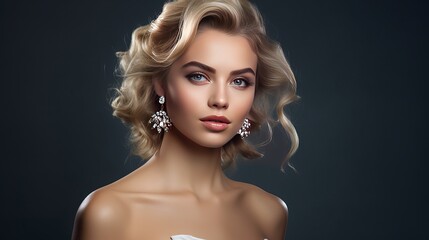 Fashion portrait of young beautiful woman with jewelry and elegant hairstyle. Blonde girl with long wavy hair. Perfect make-up.  Beauty style woman with diamond accessories