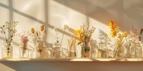 Herbal apothecary aesthetic. Jars with dry herbs and flowers on a beige background in the interior. With Generative AI technology