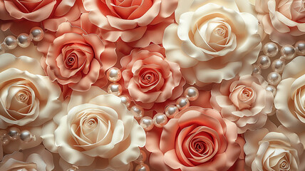 Opulent roses draped in pearls, a testament to timeless beauty and romance. on transparent background.  