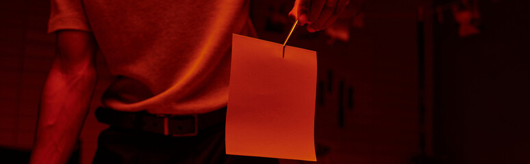 cropped banner of photographer holding tweezers with photo paper in a darkroom with red light