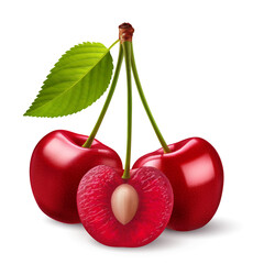 Isolated red cherries on one stem with green leaf on white backdrop. Three sweet cherry fruits on one stem, one cut in half with a pit - 741643830