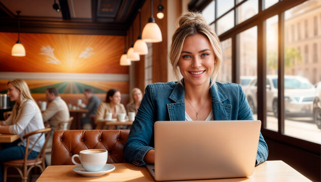 Hermosa mujer rubia sentada en un restaurante usando una laptop