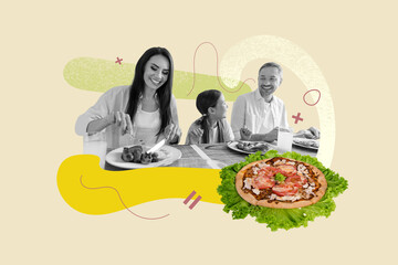 Creative picture photo collage happy cheerful family have dinner restaurant cafe menu order...