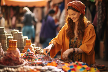 Woman shopping for colorful beads at outdoor market. Street market and culture.