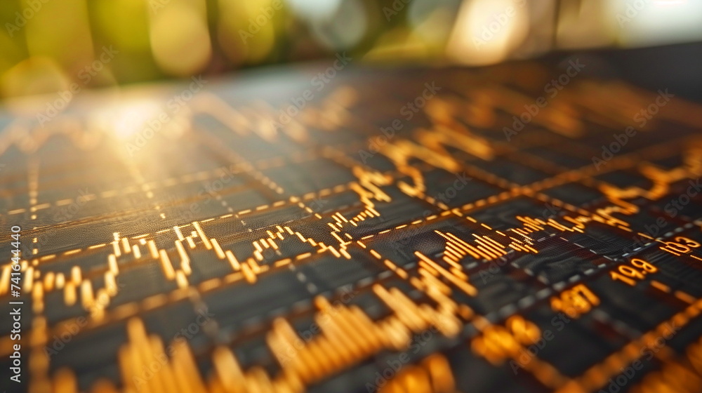 Poster close-up of financial stock market graph on a computer screen with glowing lines on a dark backgroun