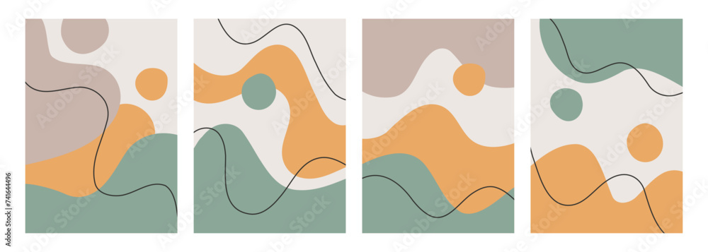 Poster set of abstract backgrounds with various hand drawn wavy shapes and black curved lines for creative 