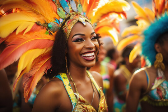 Carnival in full swing with vibrant feather costumes. Festival and celebration.