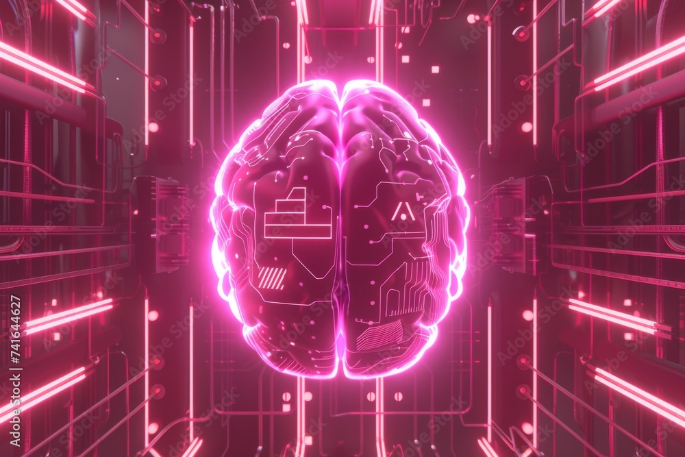 Poster ai brain chip neon pear green. artificial intelligence brain based computing system mind defect redu