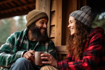 Smiling couple enjoying hot beverages in cozy cabin setting. Winter warmth and relaxation.