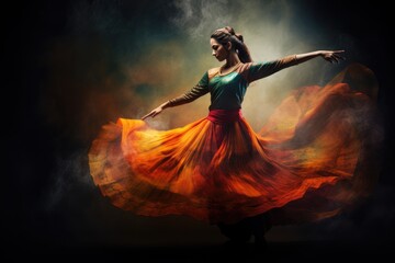 Expressive Kathak: An Indian Dancer, Adorned in Vibrant Traditional Attire, Unleashes Raw and Confrontational Moves, Creating an Explosive Performance with Intense Drama and Elegance.

 - obrazy, fototapety, plakaty