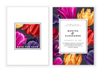 Botanical wedding invitation card. Template design with colorful tulip flowers and petals on a black background. Vector, realistic style, high detail. Easy to edit and customize for your design, cards