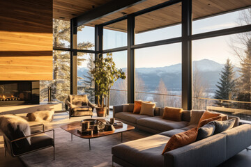 Modern mountain home interior with expansive windows and valley view. Contemporary architecture.