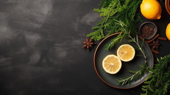 In the center of a dark textured background an empty gray plate, a mock-up. Around are scattered lemon, herbs, spices and shrimp. Beautiful photos from the top, mock up