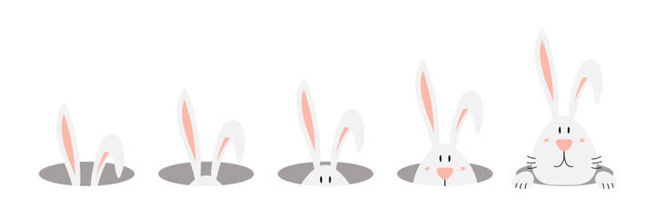 Cute Easter bunny, rabbit looking out of the hole illustration, horizontal border. Hand drawn cartoon character, isolated vector. Flat style design. Holiday clip art, card, banner, poster, element