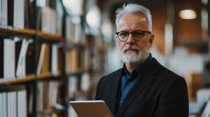 A distinguished older man with gray hair and beard, in a smart black blazer, holding a tablet in a library setting.