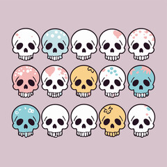 Cute and colorful cartoon skulls with various decorative patterns on a pastel background.