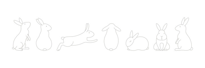 Cute Easter bunny, rabbit, hare cartoon characters illustration, horizontal border. Hand drawn style line art design, isolated vector. Holiday clip art, seasonal card, banner poster, element