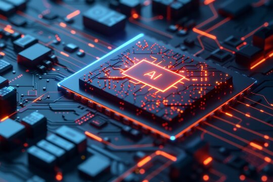AI Brain Chip graphics card. Artificial Intelligence von neumann architecture mind computer vision axon. Semiconductor memory consolidation circuit board supply chain management
