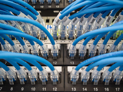 Network server room with cable cables patch panel 