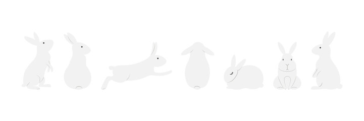 Cute Easter bunny, rabbit, hare cartoon characters illustration, horizontal border. Hand drawn style flat design, isolated vector. Holiday clip art, seasonal card, banner poster, element