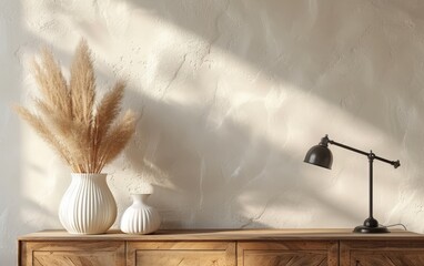 Wooden Sideboard Decorated with Stylish Lamp and Sunlit Pampas Grass
