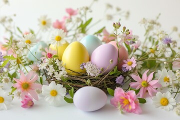 A centerpiece featuring a nest of pastel-colored Easter eggs surrounded by delicate spring flowers, set against a plain bright background
