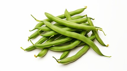 Pile of green beans isolated over white background. Top view