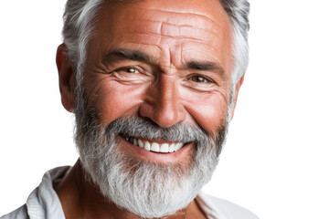 Senior man with beard smiling against white background. Positive aging.