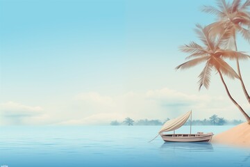 Card template with coconut tree on little island and cute boat on blue background for cute and travel design