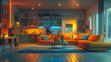 Seamless Integration of Technology and Comfort in the Context of Internet of Things within a Smart Home Environment Showcased through Low Angle Wide-Angle Lens Shot