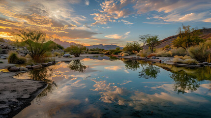 sunset on the river,
Desert oasis with clear blue sky and a fiery sunset in the background