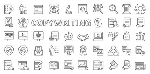 Copywriting icons in line design. Copywriting, business, content, copy, copywriter, advertising, website isolated on white background vector. Copywriting editable stroke icons.