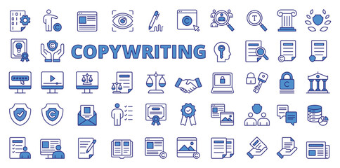 Copywriting icons in line design, blue. Copywriting, business, content, copy, copywriter, advertising, website isolated on white background vector. Copywriting editable stroke icons.