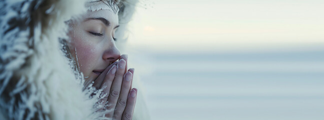 A serene woman, her hair damp with water from an outdoor adventure, delicately paints a picture of beauty on her face with white strokes of paint