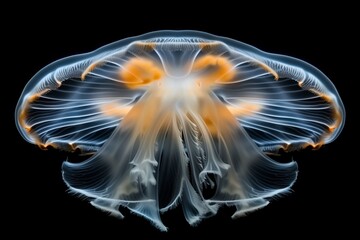 Mesmerizing bioluminescence emanates from the graceful cnidarian, contrasting against the dark depths of its aquatic home