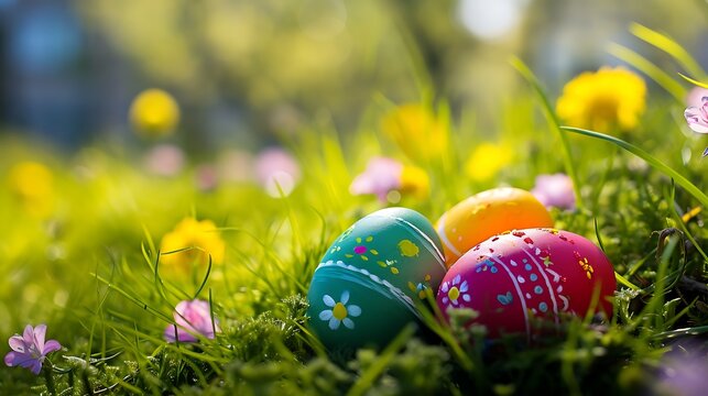 hand painted Easter eggs in beautiful nature landscape in spring. Easter eggs on the fresh green meadow