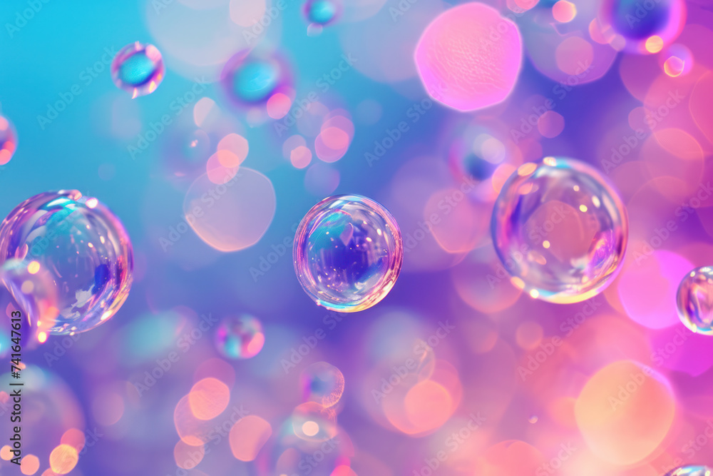 Poster ethereal soap bubbles floating with colorful bokeh background. dreamy and whimsical backdrop.