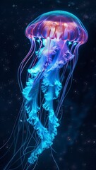 A mesmerizing marine invertebrate, the jellyfish glows with ethereal hues of blue and pink, captivating viewers in its graceful dance within the aquarium's waters