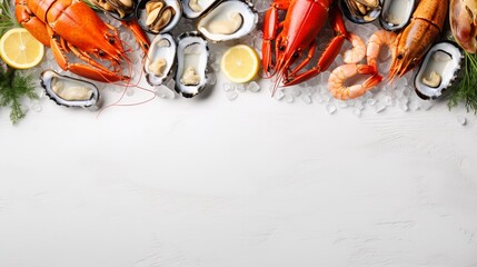 Seafood on a white wooden background. Fresh fish, shrimp, oysters and caviar. Top view. Free copy space