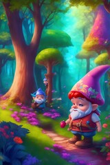 3D isometric illustration dream world of cute gnome in a magical forest fairytale colorful kingdoms for comic book
