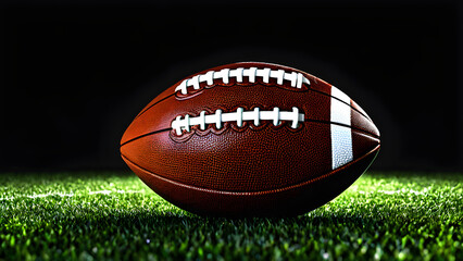 an American football on the field on a black background. American football on a grass field