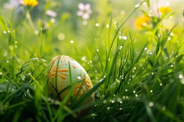 A close-up of a beautifully decorated Easter egg partially hidden in lush green grass, with dew drops glistening in the morning light.