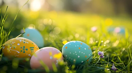 Gordijnen hand painted Easter eggs in beautiful nature landscape in spring. Easter eggs on the fresh green meadow © Zain