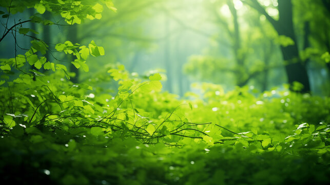 Arri&egrave;re-plan d'une nature florissante, verte et ensoleill&eacute;e. Ambiance printani&egrave;re et estivale. Naturel, lumi&egrave;re, arbre, feuillage, plante. Printemps et &eacute;t&eacute;. Pour conception et cr&eacute;ation graphique.
